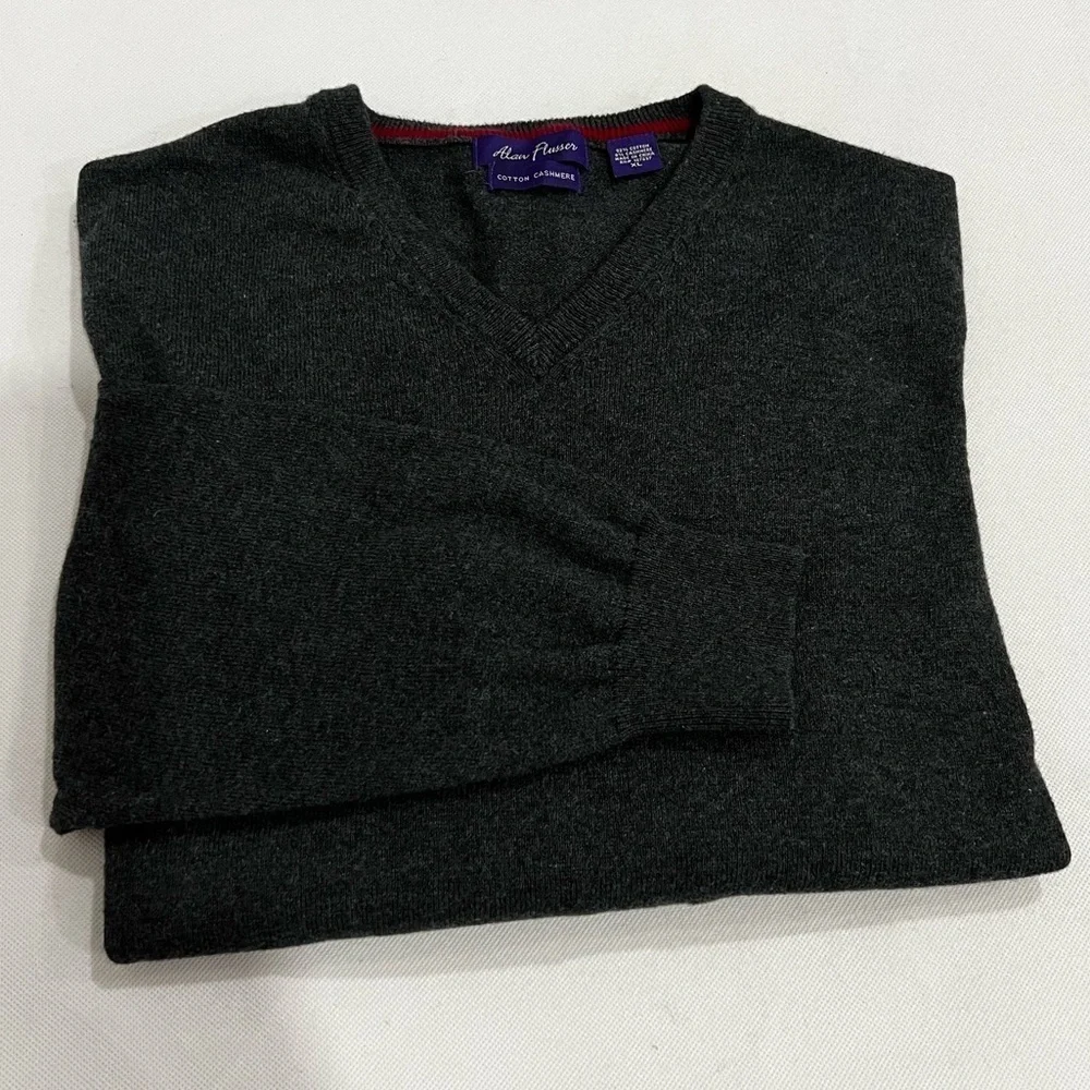 Alan Flusser Cotton Cashmere V-Neck Sweater Size XL Heathered Gray Grey LS